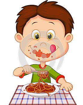 Cartoon boy eating spaghetti photo