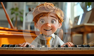 Cartoon, boy energetically playing the piano.