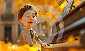 Cartoon, boy energetically playing the piano.