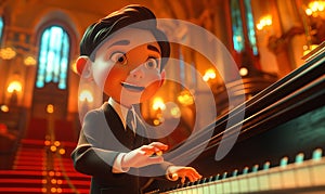 Cartoon, boy energetically playing the piano.