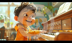 Cartoon, boy energetically playing the piano.