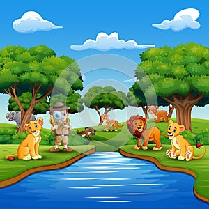 Cartoon boy explorer with animals by the river