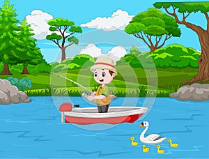 Cartoon boy fishing on a boat