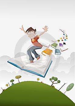 Cartoon boy flying on big book