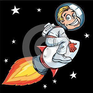 Cartoon boy flying through space on a rocket