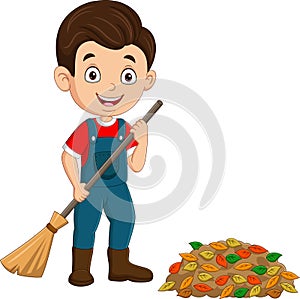 Cartoon boy gardener raking leaves