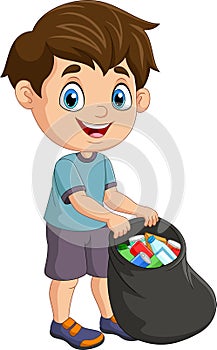 Cartoon boy gathering bottles into black plastic bag