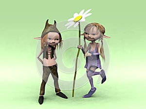 Cartoon boy and girl with big flower