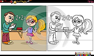 Cartoon boy and girl at blackboard coloring book page