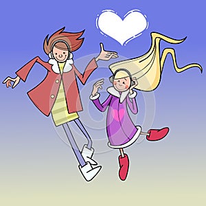 Cartoon boy and girl dancing in the sky with cloud heart