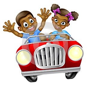 Cartoon Boy and Girl Driving Car