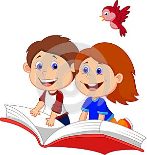 Cartoon Boy and girl flying on a book