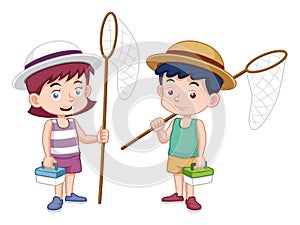 Cartoon boy and girl with insect net