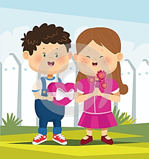 Cartoon boy and girl in love with chocolates box and flowers