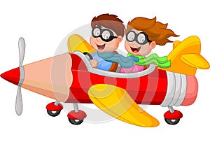Cartoon Boy and girl on a pencil airplane