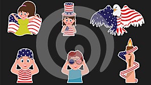 Cartoon Boy And Girl Play With National Bird And Flaming Torch For American Day Or Event Stickers
