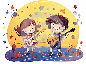 A Cartoon Of A Boy And Girl Playing Guitars