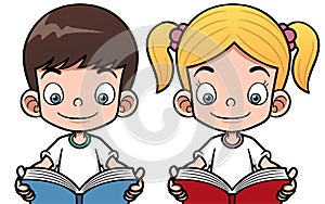 Cartoon boy and girl reading a book