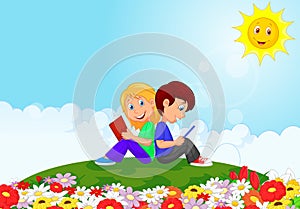 Cartoon Boy and girl reading book in the flower garden