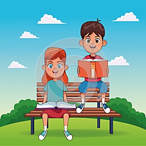 Cartoon boy and girl reading books sitting on park bench