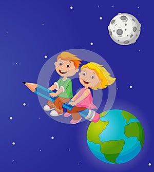 Cartoon Boy and girl riding a pencil leaving the earth