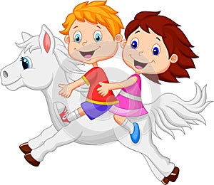 Cartoon Boy and girl riding a pony horse