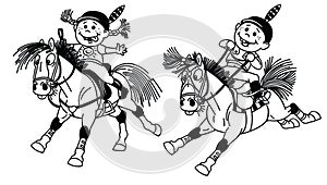 Cartoon boy and girl riding pony horses