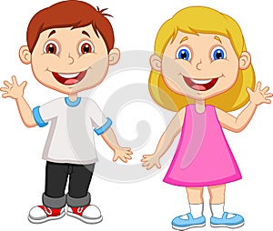 Cartoon Boy and girl waving hand