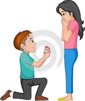 Cartoon boy giving engagement ring to his girl