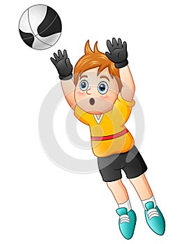 Cartoon boy goalkeeper catching a soccer ball