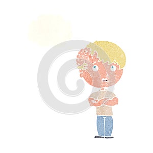 cartoon boy with growth on head with thought bubble