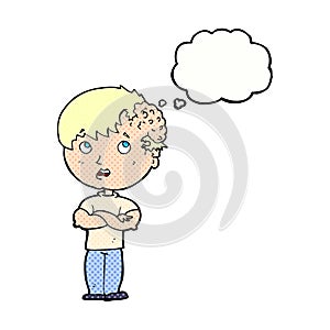 cartoon boy with growth on head with thought bubble