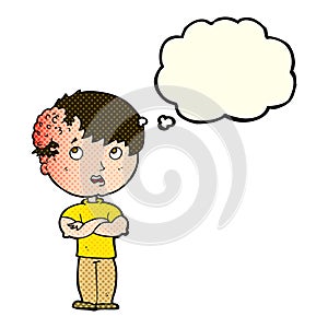 cartoon boy with growth on head with thought bubble