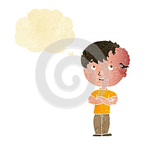 cartoon boy with growth on head with thought bubble