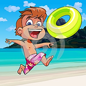 Cartoon boy happily runs along the seashore