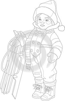 Cartoon boy in hat and scarf with sleigh graphic sketch template