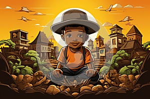A cartoon boy in a hat sitting on top of a pile of rocks, AI