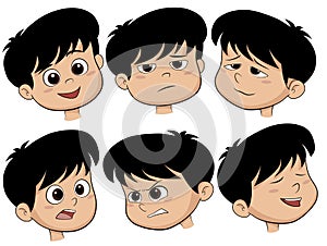 Cartoon Boy Head. Vector Set of Different Emotions Icons.