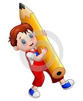 Cartoon boy holding a big pencil