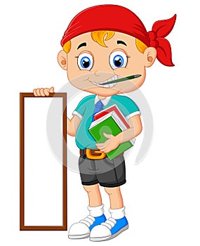 Cartoon boy holding board and books