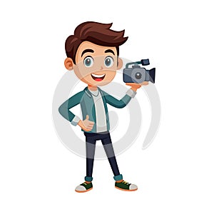 Boy with Camera Cartoon Character Holding Camcorder Videographer, Content Creator