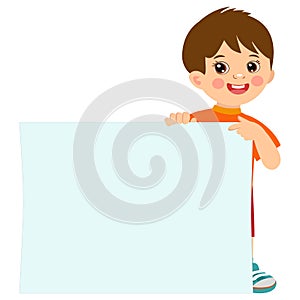 Cartoon boy holding empty blank board with space for text vector illustration.