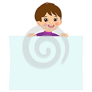 Cartoon boy holding empty blank board with space for text vector illustration.