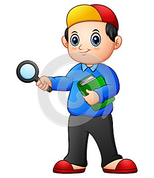 Cartoon boy holding a magnifying glass and books