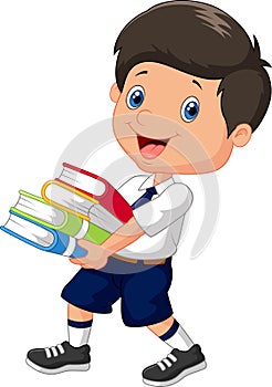 Cartoon boy holding a pile of books