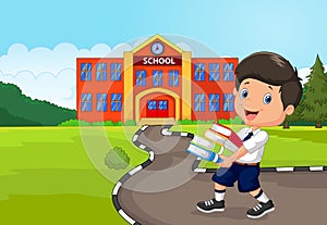 Cartoon boy holding a pile of books
