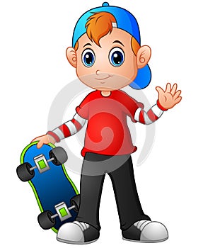 Cartoon boy holding skateboard