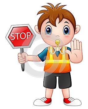 Cartoon boy holding a stop sign