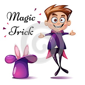 Cartoon boy illustration. Magic tric, rabbit , trick.