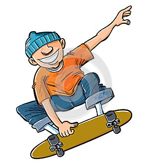 Cartoon of boy jumping on his skateboard.